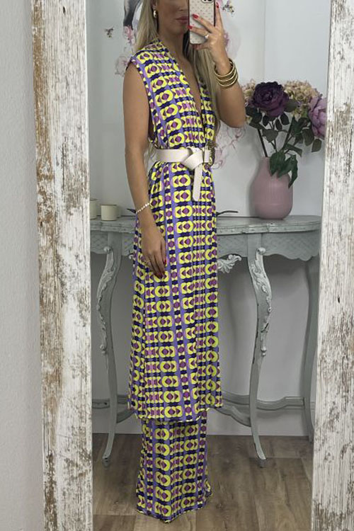 Nonnadress Printed Sleeveless Long Top & Straight-leg Pants Two-piece Set