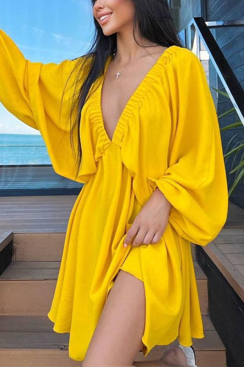 Nonnadress V-neck Bubble Sleeve Full Swing Dress