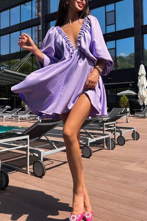 Nonnadress V-neck Bubble Sleeve Full Swing Dress