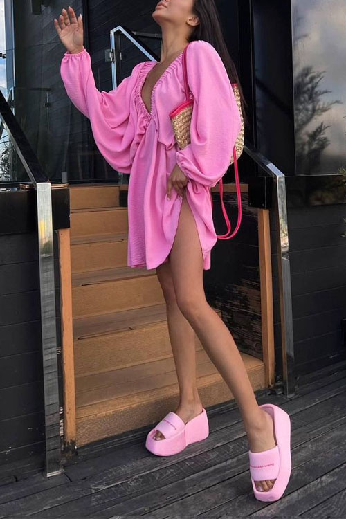 Nonnadress V-neck Bubble Sleeve Full Swing Dress