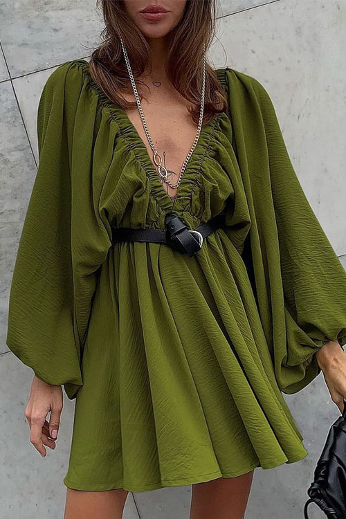 Nonnadress V-neck Bubble Sleeve Full Swing Dress