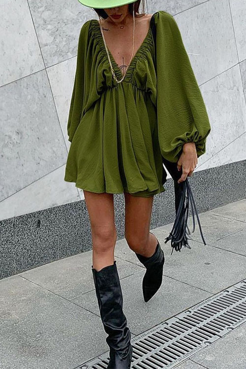 Nonnadress V-neck Bubble Sleeve Full Swing Dress