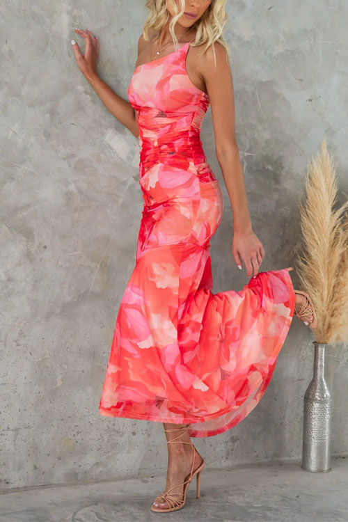 Nonnadress Asymmetric Shoulder Floral Stretchy Dress