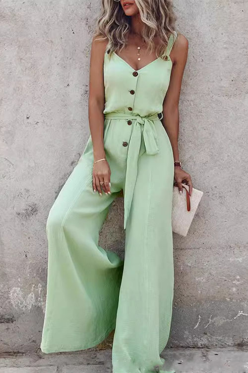 Nonnadress Green Button-Up Tie Jumpsuit