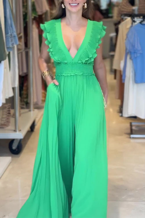 Nonnadress Lace deep V green wide-leg jumpsuit