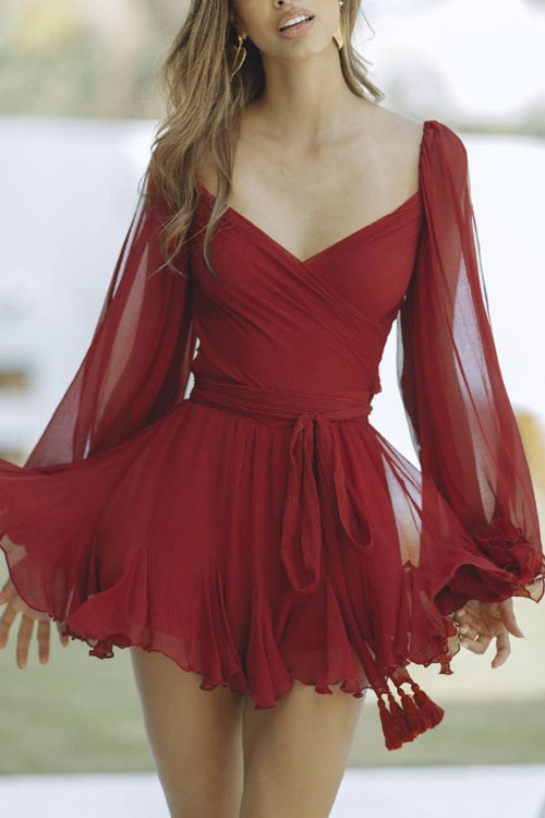 Nonnadress Off-Shoulder Sleeve V-Neck Tie Back Dress