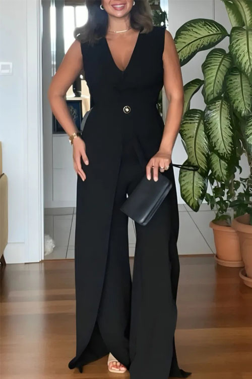 Nonnadress V-neck irregular stitching multi-color jumpsuit