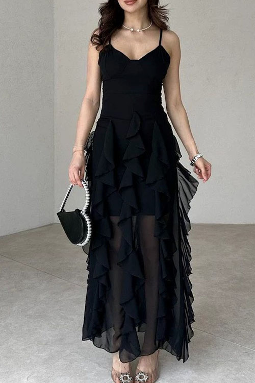 Nonnadress  Ruffled patchwork slim suspender dress