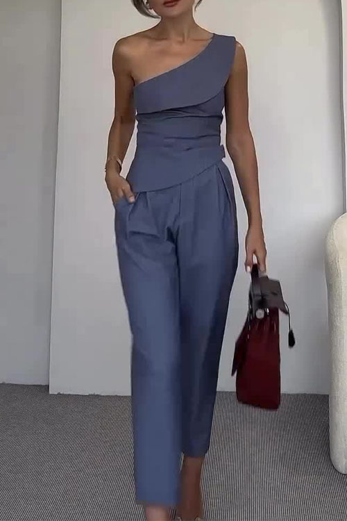 Nonnadress Slant collar halter top high waist straight pants suit