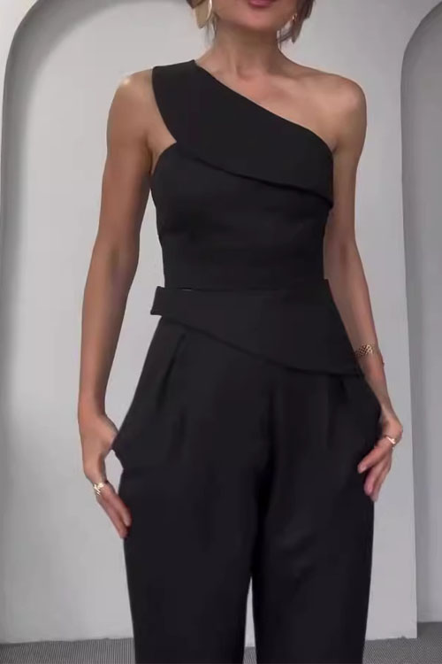 Nonnadress Slant collar halter top high waist straight pants suit