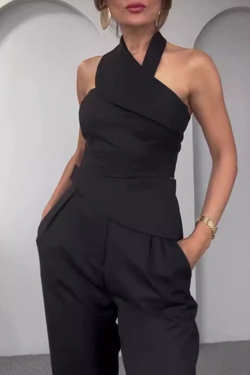 Nonnadress Slant collar halter top high waist straight pants suit