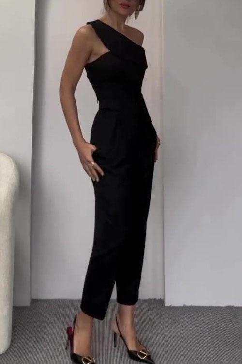 Nonnadress Slant collar halter top high waist straight pants suit