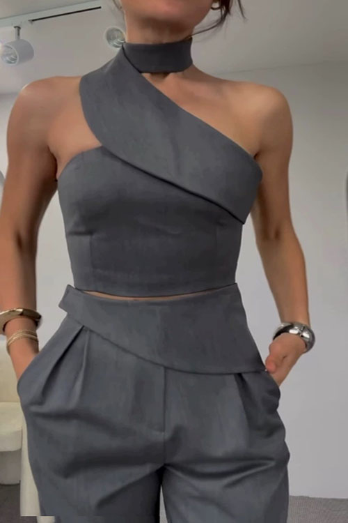 Nonnadress Slant collar halter top high waist straight pants suit