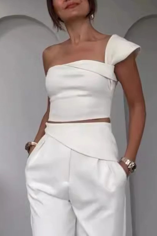 Nonnadress Slant collar halter top high waist straight pants suit