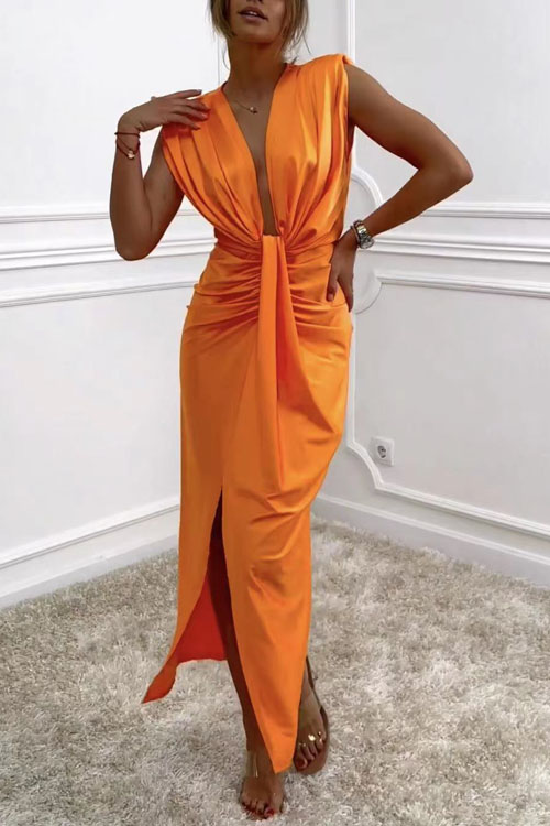 Nonnadress Hot Girl Ruched V-Neck Waist-Cinching Maxi Dress