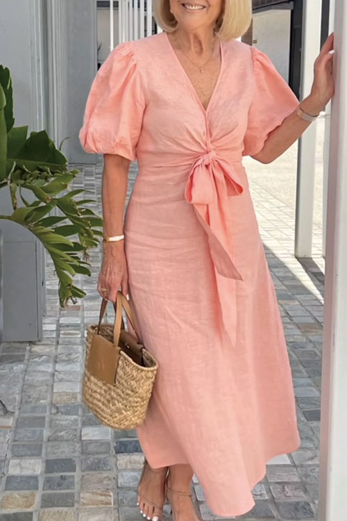 Nonnadress V-Neck Tie-Waist Puff Sleeve Cotton Dress