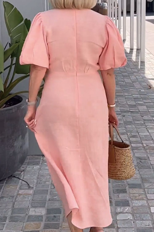 Nonnadress V-Neck Tie-Waist Puff Sleeve Cotton Dress