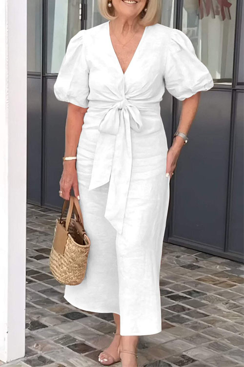 Nonnadress V-Neck Tie-Waist Puff Sleeve Cotton Dress