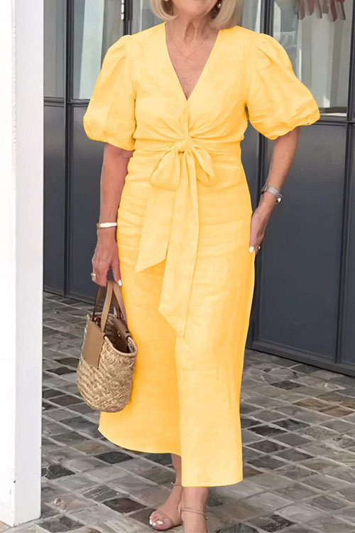 Nonnadress V-Neck Tie-Waist Puff Sleeve Cotton Dress