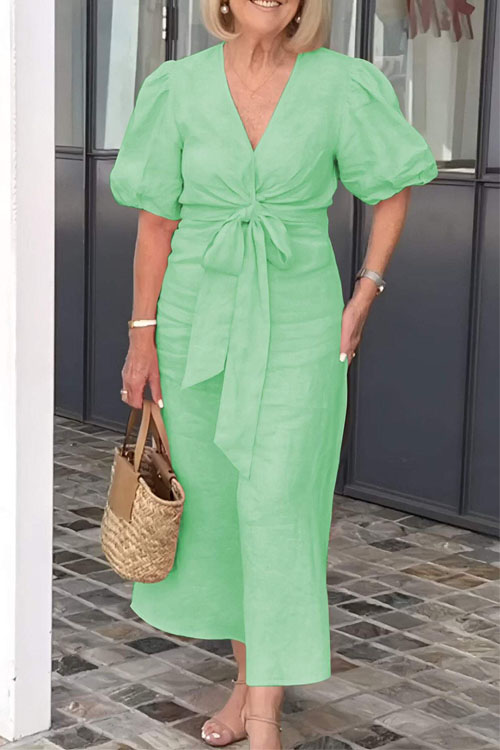 Nonnadress V-Neck Tie-Waist Puff Sleeve Cotton Dress