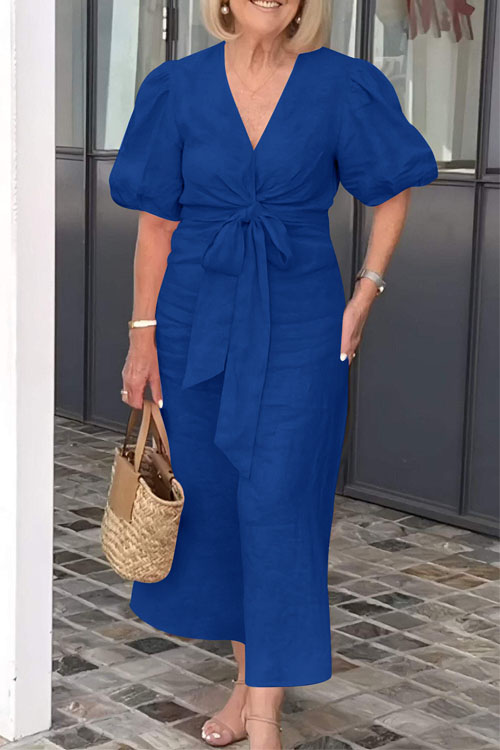 Nonnadress V-Neck Tie-Waist Puff Sleeve Cotton Dress