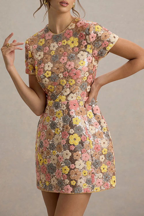 Nonnadress Short Sleeve Sequined Crew Neck Dress