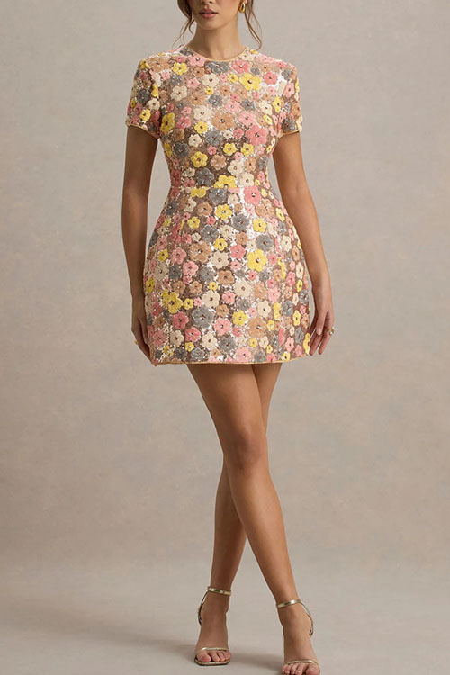 Nonnadress Short Sleeve Sequined Crew Neck Dress