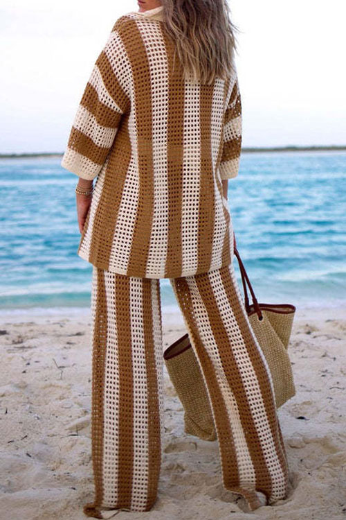 Nonnadress V-Neck Hollow Striped Shirt & Knitted Wide-Leg Pants Set