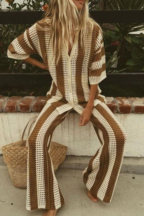 Nonnadress V-Neck Hollow Striped Shirt & Knitted Wide-Leg Pants Set