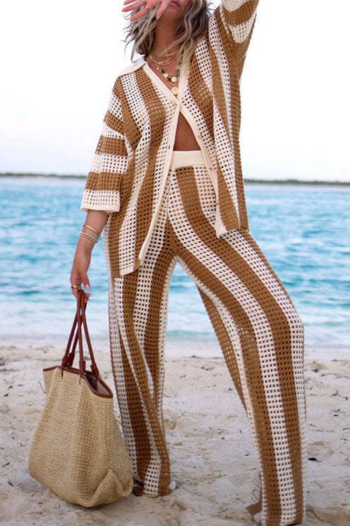 Nonnadress V-Neck Hollow Striped Shirt & Knitted Wide-Leg Pants Set