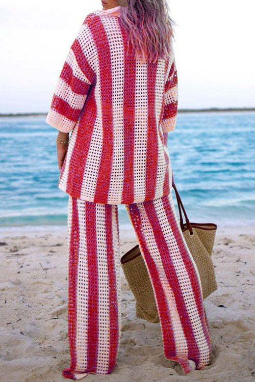 Nonnadress V-Neck Hollow Striped Shirt & Knitted Wide-Leg Pants Set