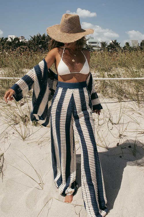 Nonnadress V-Neck Hollow Striped Shirt & Knitted Wide-Leg Pants Set