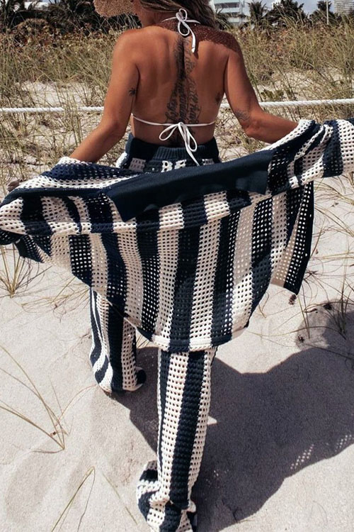 Nonnadress V-Neck Hollow Striped Shirt & Knitted Wide-Leg Pants Set