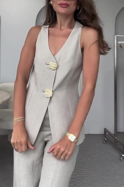 Nonnadress Solid Color Sleeveless Slim-Fit Vest Suit & Pants Set