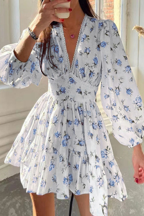 Nonnadress Sweet Floral Printed V-Neck Lace Long Sleeve Dress
