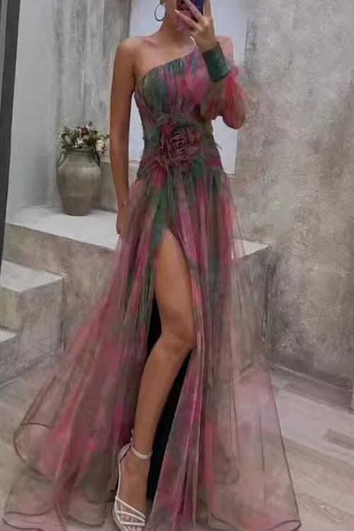 Nonnadress One-Shoulder Long Sleeve Floral Chiffon Dress