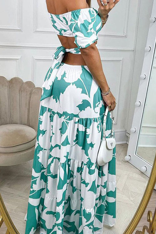 Nonnadress Printed Off-shoulder Elastic Waist Vacation Dress