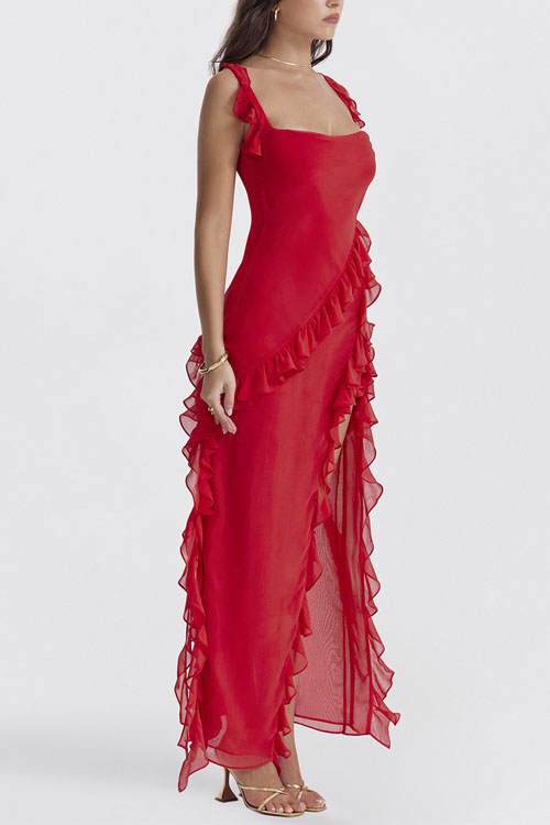 Nonnadress Fashionable Ruffle Trim Split Hem Dress