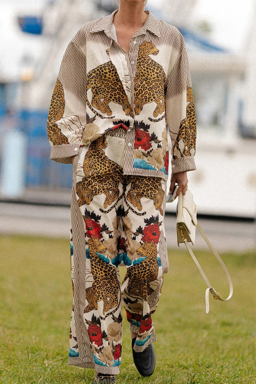 Nonnadress Leopard Long-Sleeve Casual Vacation Two-piece Set