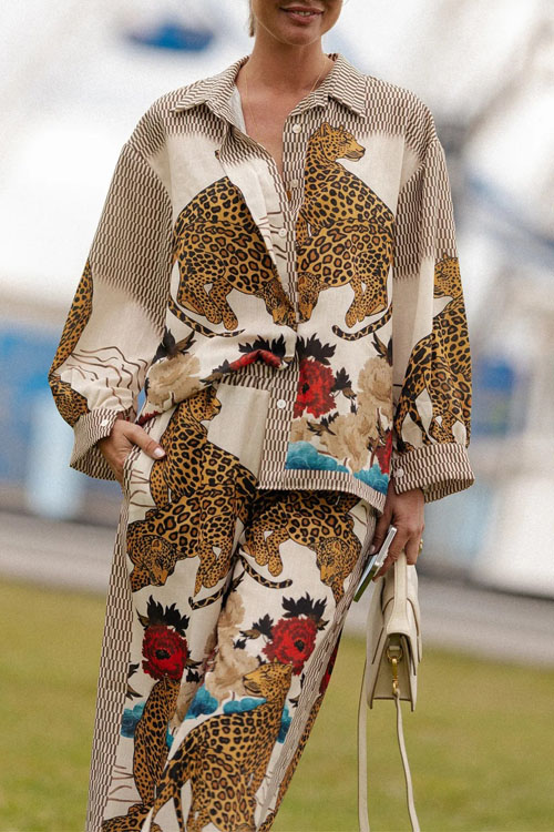 Nonnadress Leopard Long-Sleeve Casual Vacation Two-piece Set