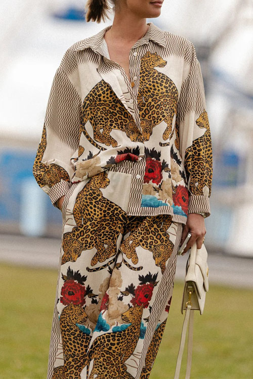 Nonnadress Leopard Long-Sleeve Casual Vacation Two-piece Set