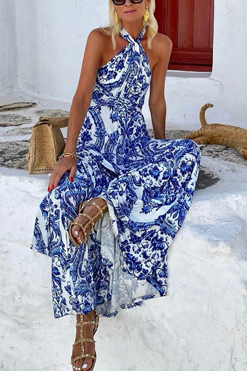 Nonnadress Blue and White Porcelain Halter Tie Dress