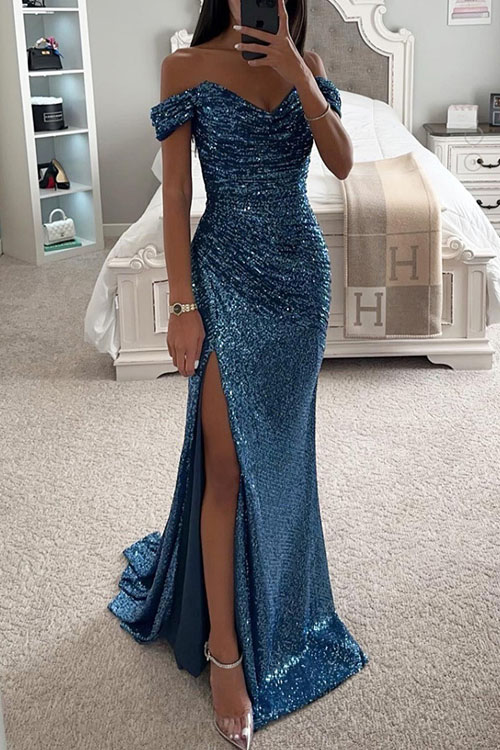 Nonnadress Party Sequin Off-Shoulder Slit Dress