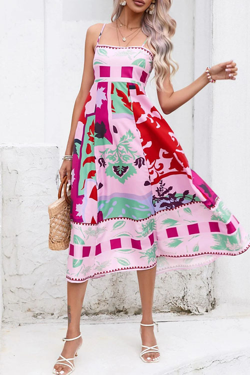 Nonnadress Geometric Pattern Spaghetti Strap Flared Dress