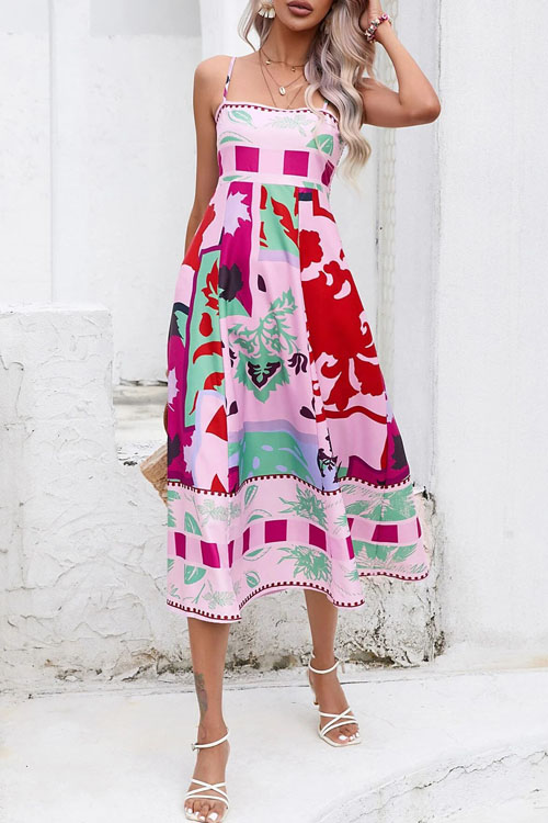 Nonnadress Geometric Pattern Spaghetti Strap Flared Dress