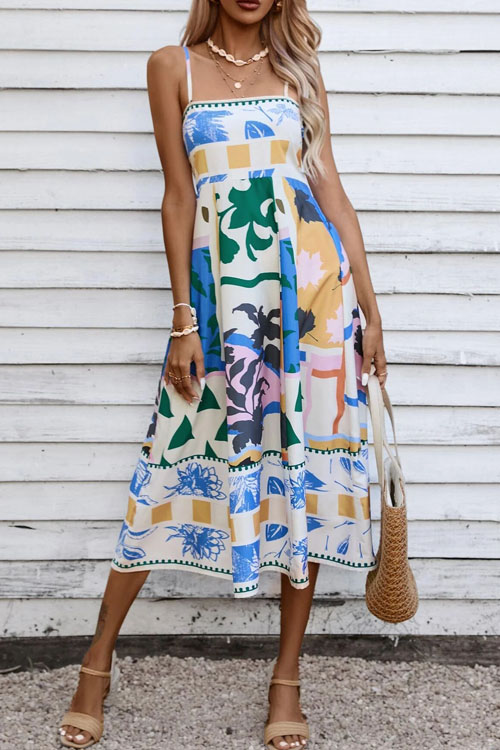 Nonnadress Geometric Pattern Spaghetti Strap Flared Dress