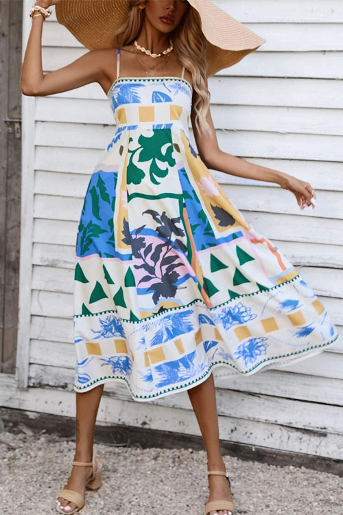 Nonnadress Geometric Pattern Spaghetti Strap Flared Dress