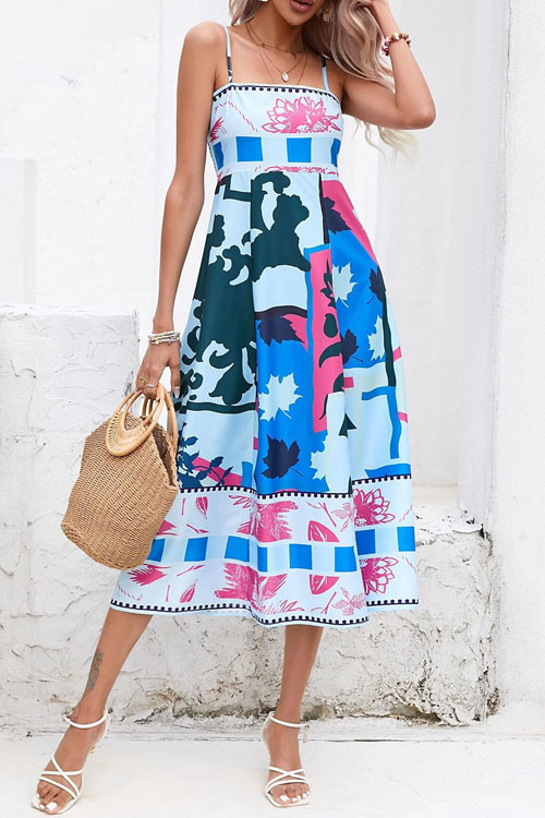 Nonnadress Geometric Pattern Spaghetti Strap Flared Dress