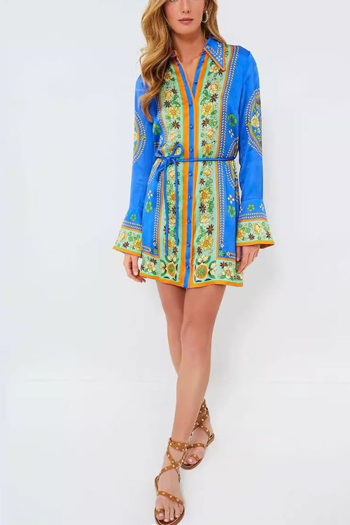 Nonnadress Collared Tie-waist Printed Vacation Dress