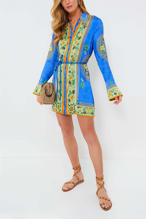 Nonnadress Collared Tie-waist Printed Vacation Dress